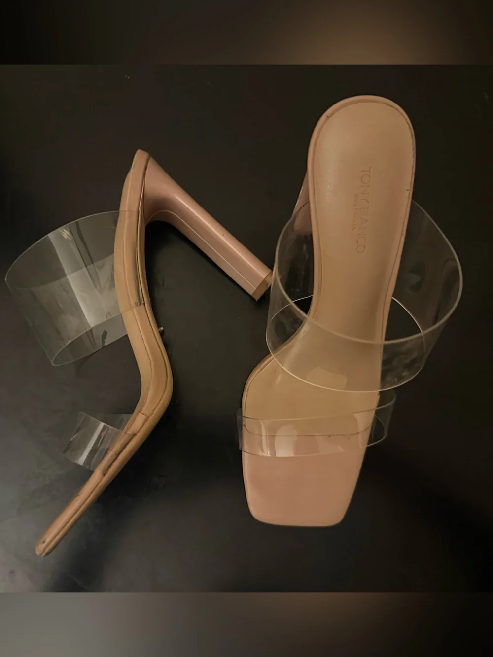 Tony Bianco Beige Clear Strap Mule Heels